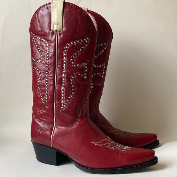 Vintage Frye Daisy Duke Studded Red Cowboy Leather Boots  Sz 9 - Picture 3 of 16